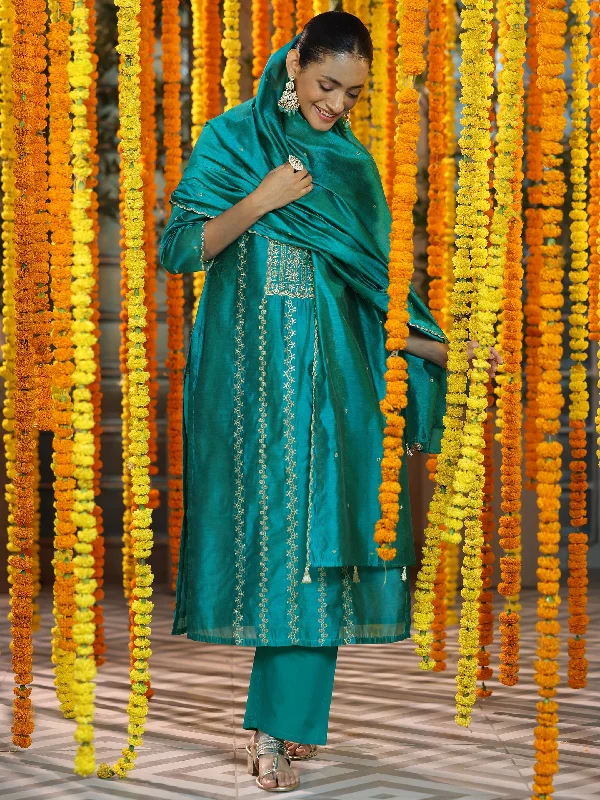 Teal Embroidered Chanderi Silk Straight Suit With Dupatta