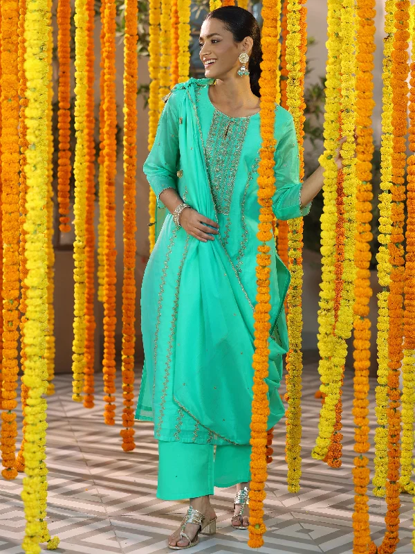 Turquoise Embroidered Chanderi Silk Straight Suit With Dupatta-color issue