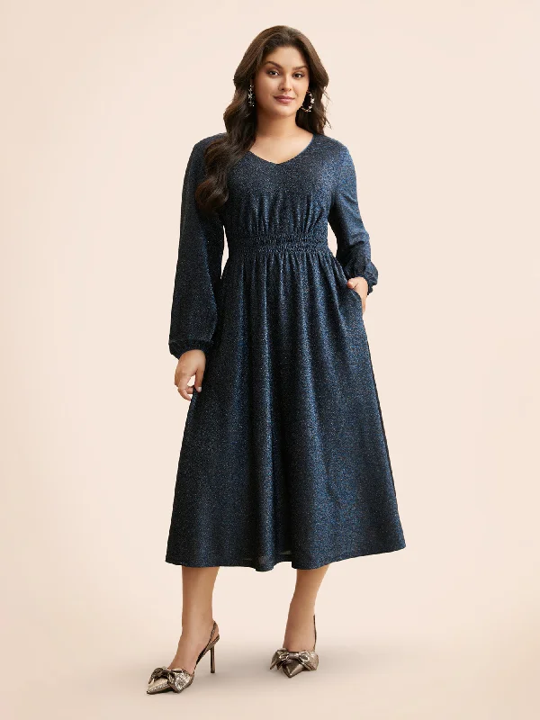 V Neck Luxe Texture Shirred Dress