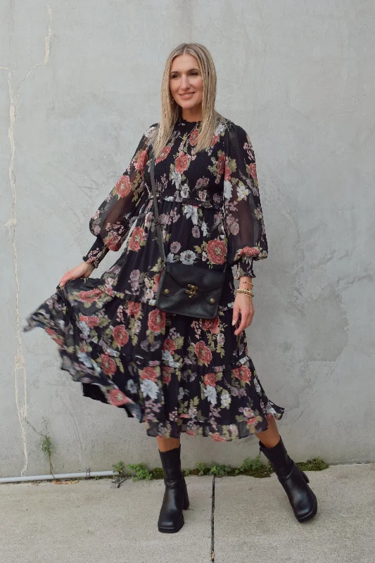 smocked floral midi dress