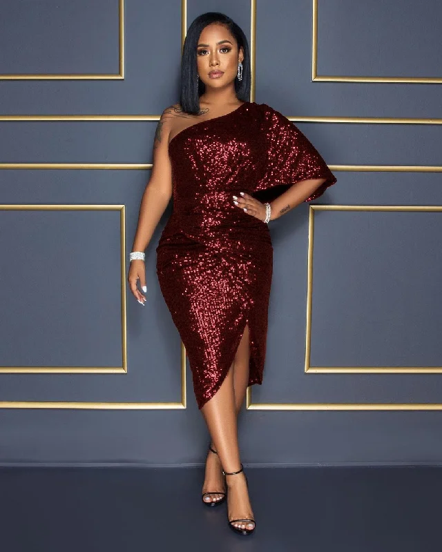 FashionSierra - Solid Sequins One Puff Sleeve Celebrity Party Midi Dress