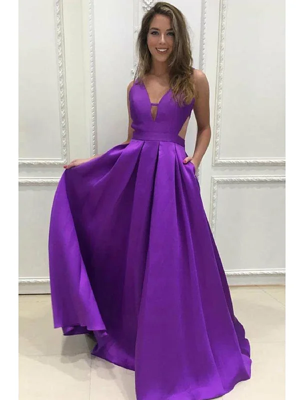 A-Line Prom Dresses Minimalist Dress Formal Prom Floor Length Sleeveless V Neck Pocket Stretch Satin Backless V Back with Pleats Pocket