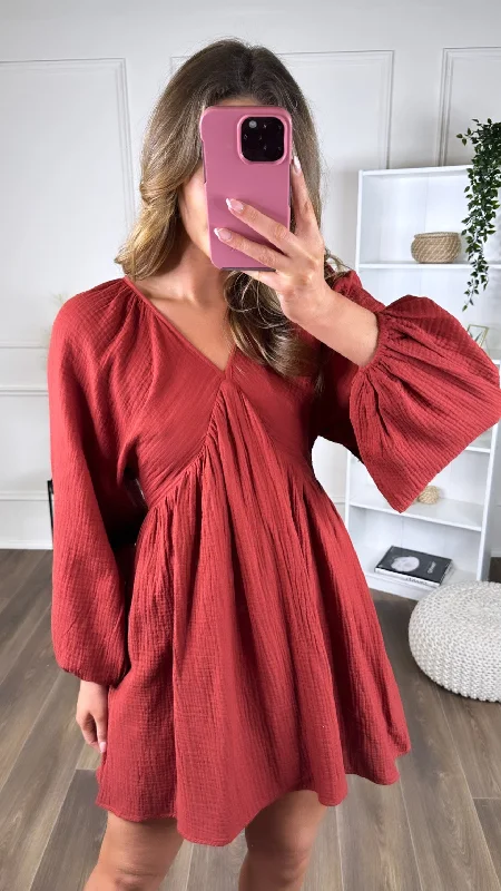 Aurora Rust V Neckline Wide Sleeve Mini Dress