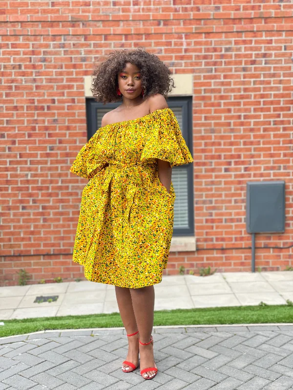 Bailey Ankara Off Shoulder Midi Dress | Yellow African Print