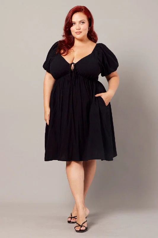 Black Puff Sleeve Cotton Minidress