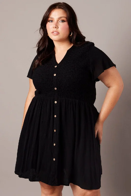 Black Shirred Mini Shirtdress