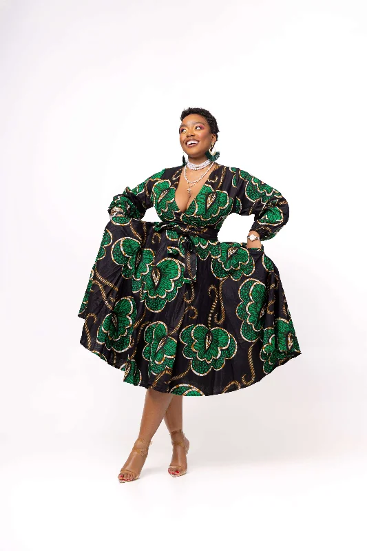 Deja Ankara Midi Dress | Green and Black African Print