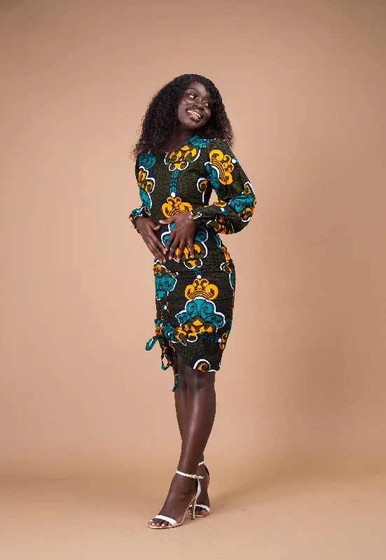 Denva Ankara Midi Pencil Dress | Green and teal African Print