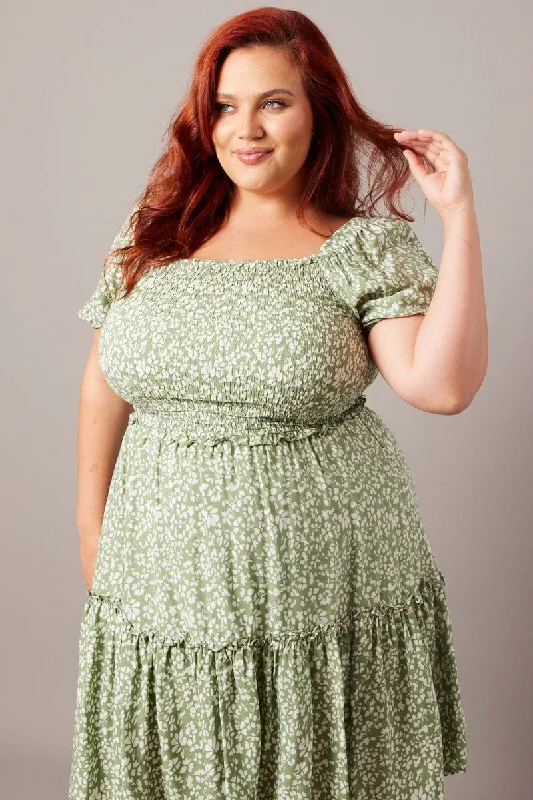 Green Ditsy Shirred Frill Minidress