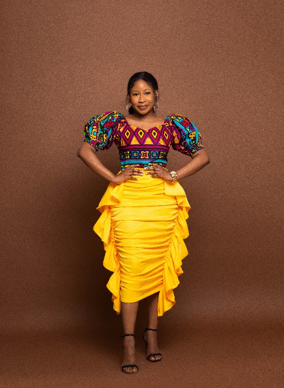 Jojo Ankara Midi Dress | Yellow Crepe and African Print