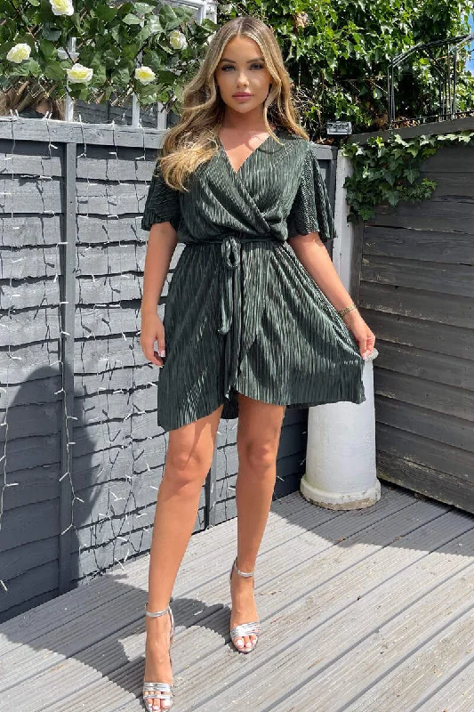 Khaki Wrap Top Belted Short Sleeve Plisse Mini Dress