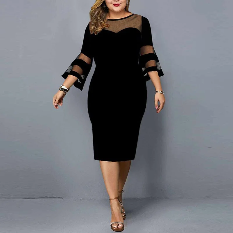 BerriesJam - Mesh Three Quater Sleeve Elegant Midi Evening Party Dress