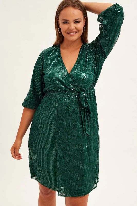 Green Metallic Sequin Mini Dress