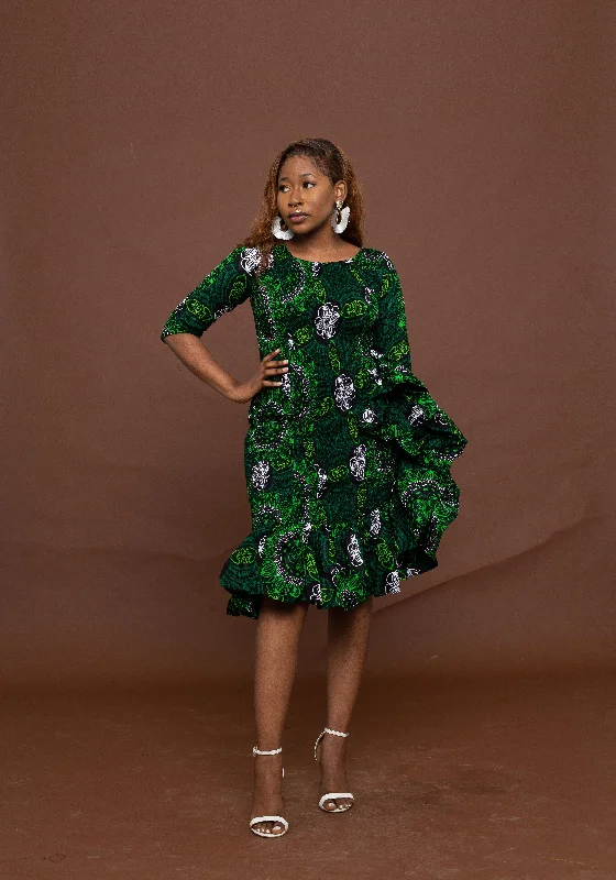 Saria Ankara Midi Dress | Green and White African Print