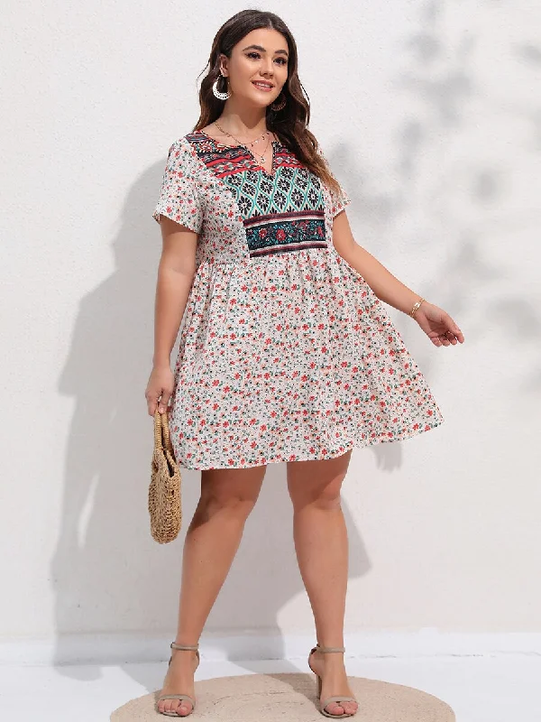 BerriesJam - Short Sleeve V-Neck Hight Waist Plus Size Midi Dress