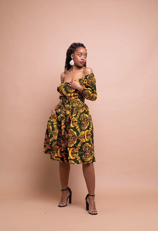 Sindy Ankara Midi Dress | Yellow and Green African Print