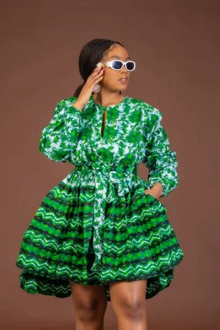 Skyler Ankara Midi Dress | Green and White African Print