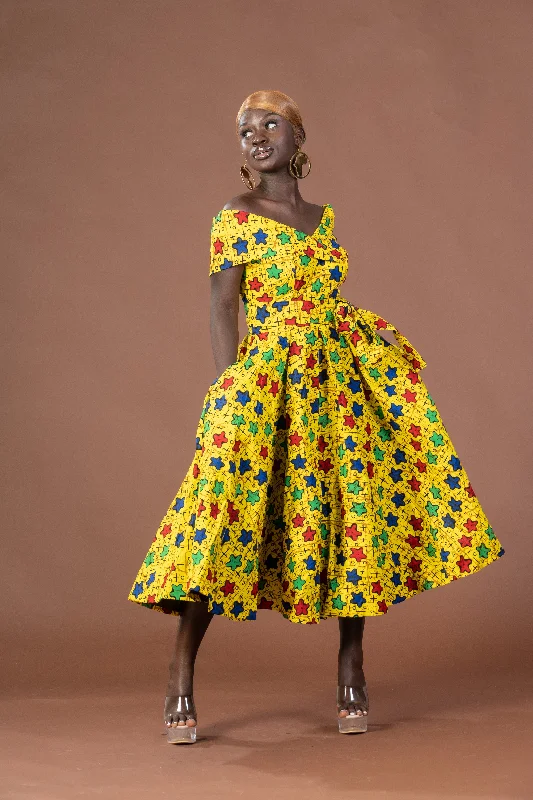 Taraji Ankara Off shoulder Midi Dress | Yellow Stars African Print