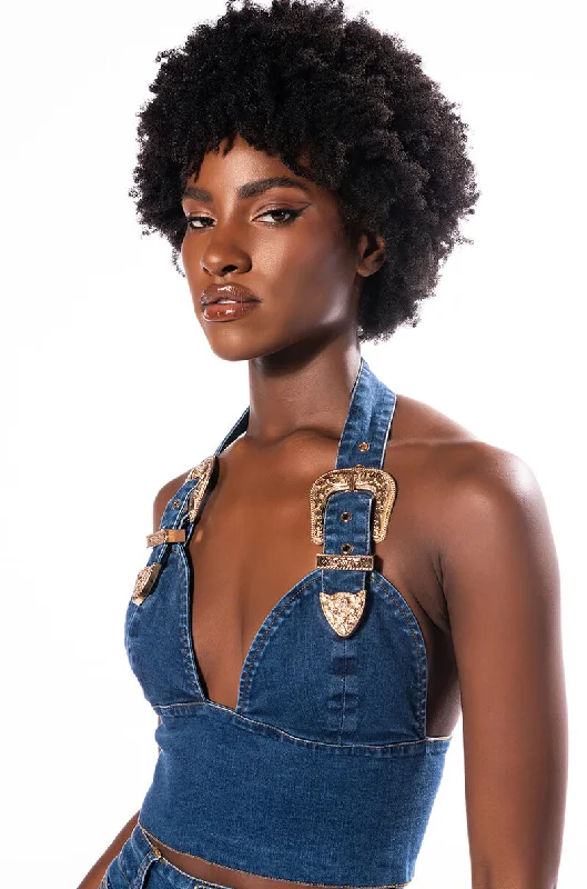 BLUE JEAN BABY BUCKLE HALTER CROP TOP