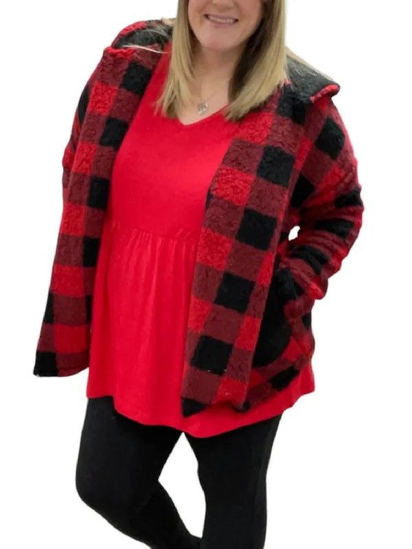 Buffalo Plaid Sherpa Sweater Jacket In Red