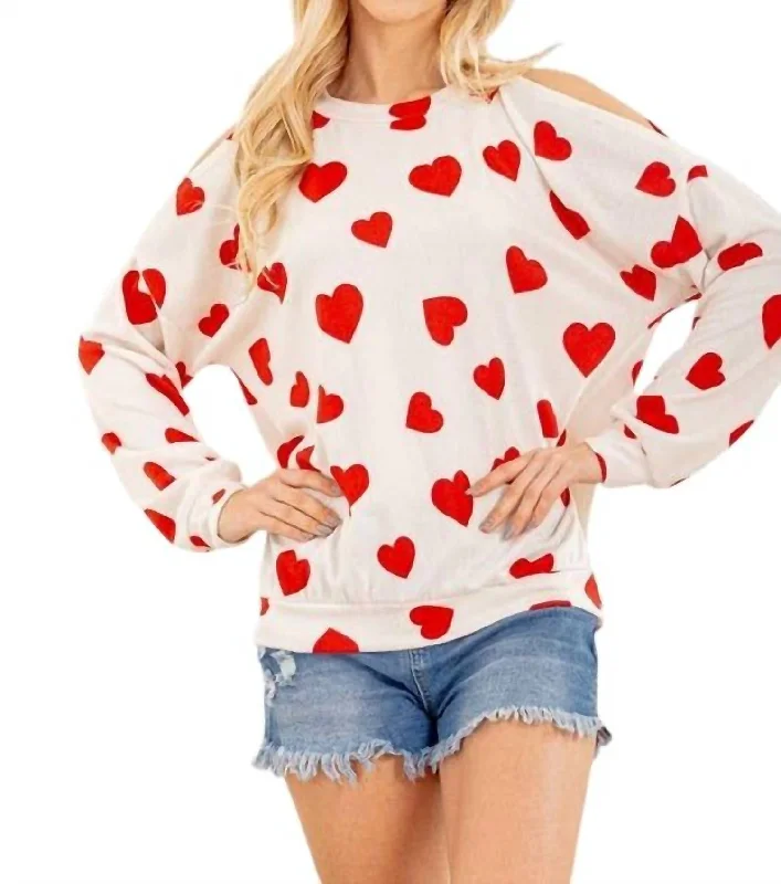 Cold Shoulder Heart Top In White/red