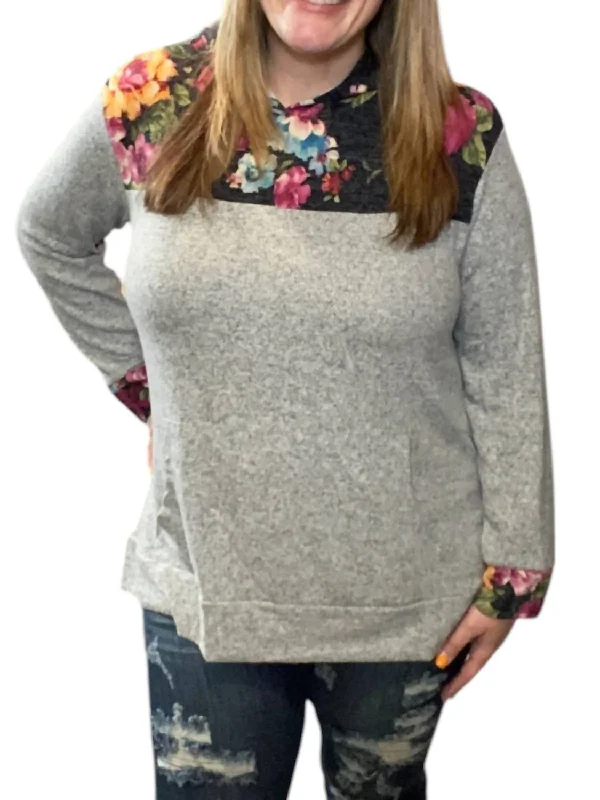 Floral Color Block Hoodie In Gray