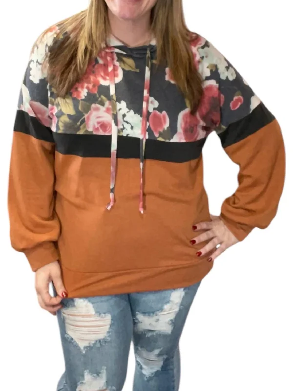 Floral Color Block Hoodie In Orange