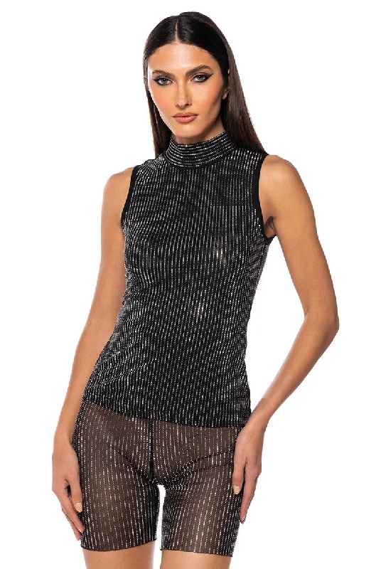 GLITZ SLEEVELESS MESH TOP IN BLACK