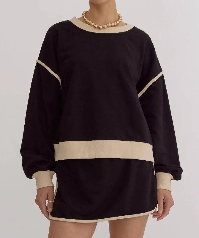 Long Sleeve Contrast Top In Black