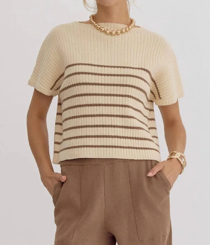 Mock Neck Striped Top In Mocha